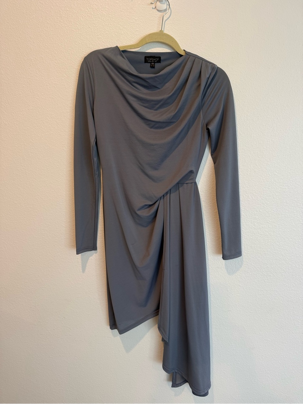 Topshop Slate Gray Draped One-Shoulder Illusion Long-Sleeve Dress